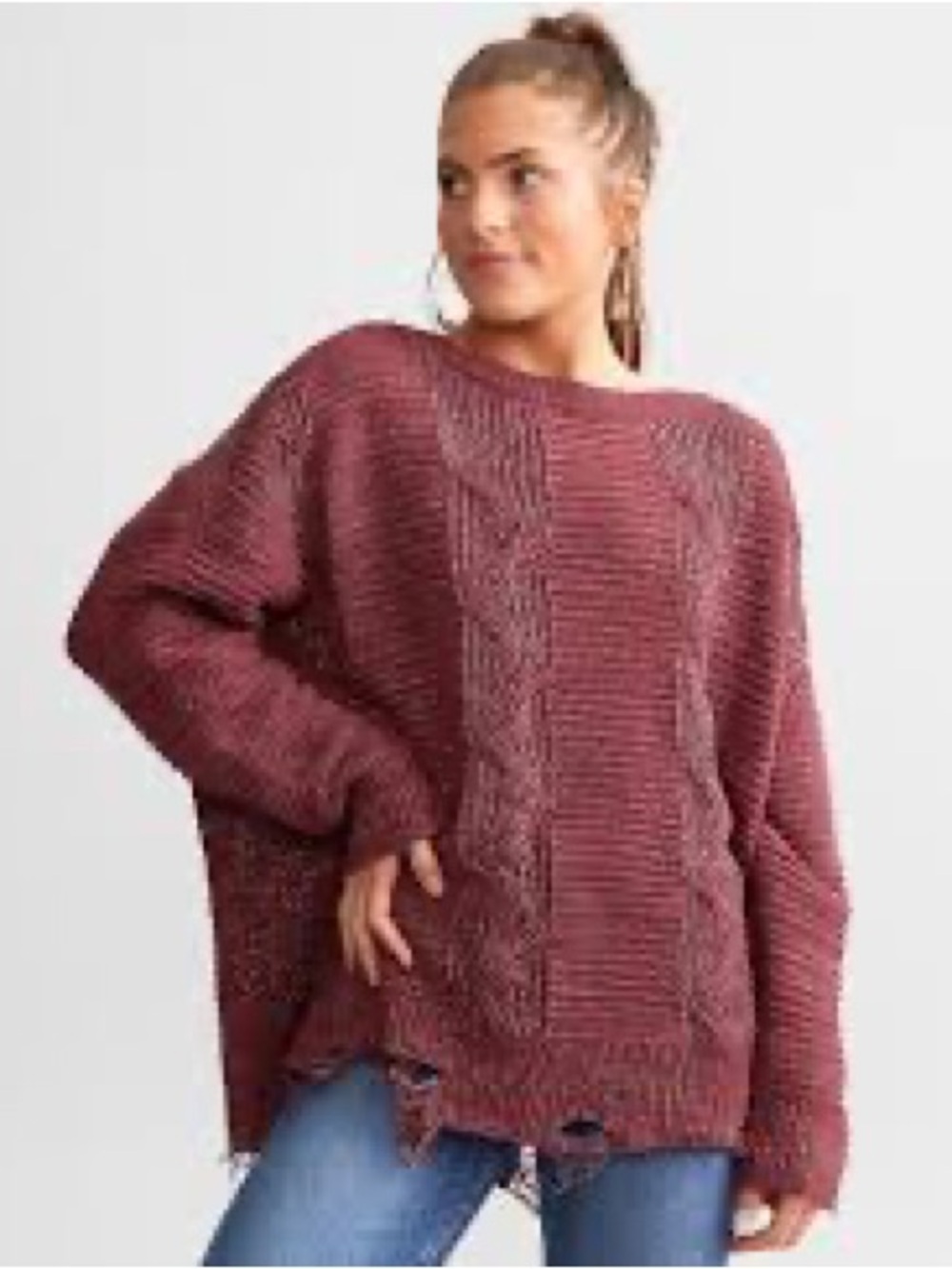 Day Trip  by Buckle Women’s Cable Knit Sweater with distressed hem - Burgundy
